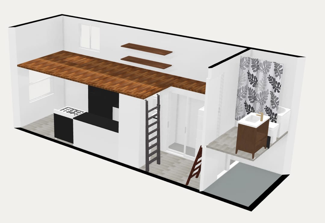 Isometric cutaway view of the tiny house layout showing the loft, kitchen and bathroom